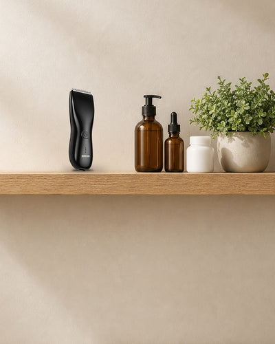 Recortadora íntima en una balda del baño, con el logo GEMELOS en el cuerpo