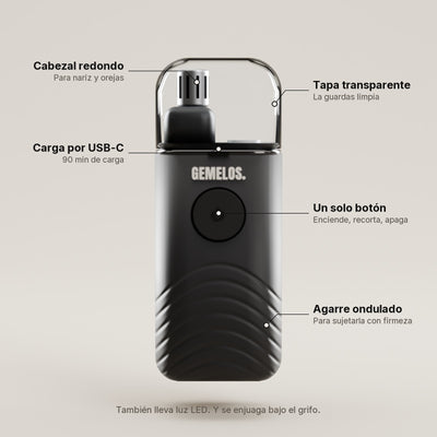 Partes de la recortadora de nariz GEMELOS: cabezal redondo, tapa, USB-C, botón y agarre