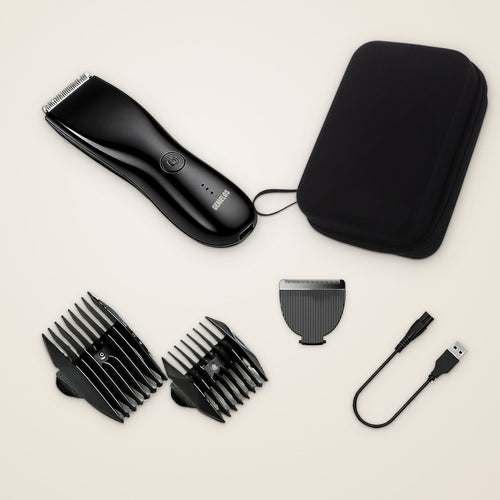 Pack Completo negra: recortadora, 2 peines, cable, cuchilla de recambio y neceser, con el logo GEMELOS en el cuerpo